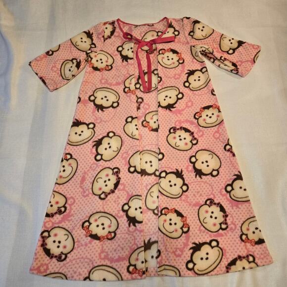Girl's Size Large NO LABEL Pink Monkey Print Fleece 1/3 Sleeve Neck Tie Robe - Picture 1 of 5